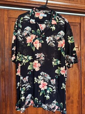 Caribbean Black Hawaiian Floral Button-Up Shirt with Coral Blooms